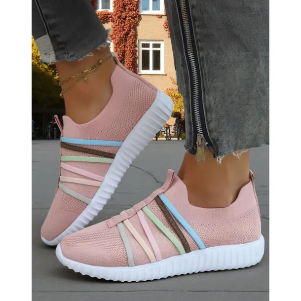 Women's Red Flyknit Slip-On Sneakers – Breathable Lightweight Walking Shoes with Colorful Elastic Straps for Travel, Weekend Outings and Casual Daily Wear