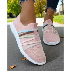 Women's Red Flyknit Slip-On Sneakers – Breathable Lightweight Walking Shoes with Colorful Elastic Straps for Travel, Weekend Outings and Casual Daily Wear