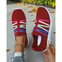 Women's Red Flyknit Slip-On Sneakers – Breathable Lightweight Walking Shoes with Colorful Elastic Straps for Travel, Weekend Outings and Casual Daily Wear