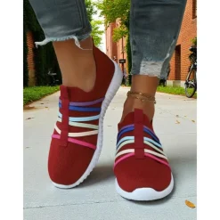 Women's Red Flyknit Slip-On Sneakers – Breathable Lightweight Walking Shoes with Colorful Elastic Straps for Travel, Weekend Outings and Casual Daily Wear