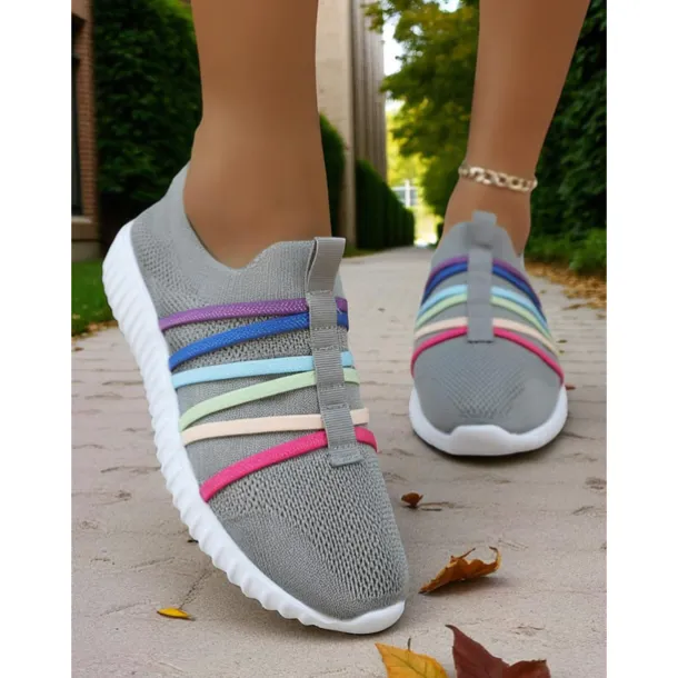 Women's Red Flyknit Slip-On Sneakers – Breathable Lightweight Walking Shoes with Colorful Elastic Straps for Travel, Weekend Outings and Casual Daily Wear