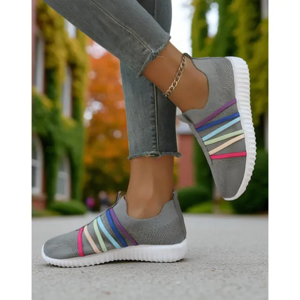 Women's Red Flyknit Slip-On Sneakers – Breathable Lightweight Walking Shoes with Colorful Elastic Straps for Travel, Weekend Outings and Casual Daily Wear