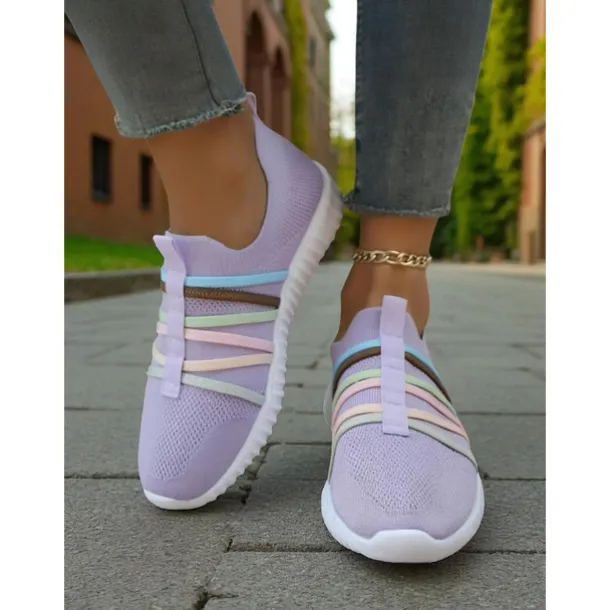 Women's Red Flyknit Slip-On Sneakers – Breathable Lightweight Walking Shoes with Colorful Elastic Straps for Travel, Weekend Outings and Casual Daily Wear