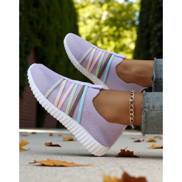 Women's Red Flyknit Slip-On Sneakers – Breathable Lightweight Walking Shoes with Colorful Elastic Straps for Travel, Weekend Outings and Casual Daily Wear