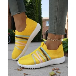 Women's Red Flyknit Slip-On Sneakers – Breathable Lightweight Walking Shoes with Colorful Elastic Straps for Travel, Weekend Outings and Casual Daily Wear