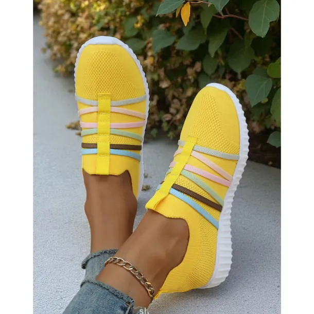 Women's Red Flyknit Slip-On Sneakers – Breathable Lightweight Walking Shoes with Colorful Elastic Straps for Travel, Weekend Outings and Casual Daily Wear