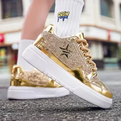 Women's Red Glitter Star Sneakers - Stylish Patent Faux Leather Design with Comfortable White Sole for Casual and Party Wear