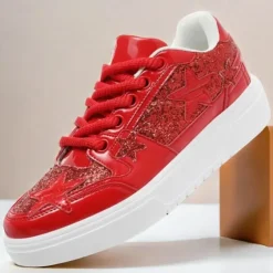 Women's Red Glitter Star Sneakers - Stylish Patent Faux Leather Design with Comfortable White Sole for Casual and Party Wear