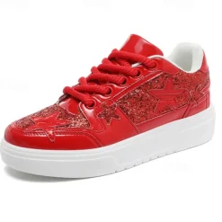 Women's Red Glitter Star Sneakers - Stylish Patent Faux Leather Design with Comfortable White Sole for Casual and Party Wear