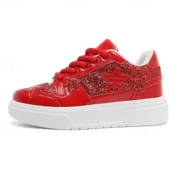 Women's Red Glitter Star Sneakers - Stylish Patent Faux Leather Design with Comfortable White Sole for Casual and Party Wear