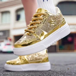 Women's Red Glitter Star Sneakers - Stylish Patent Faux Leather Design with Comfortable White Sole for Casual and Party Wear