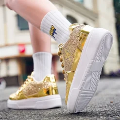 Women's Red Glitter Star Sneakers - Stylish Patent Faux Leather Design with Comfortable White Sole for Casual and Party Wear