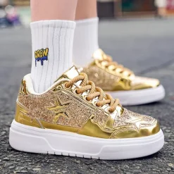 Women's Red Glitter Star Sneakers - Stylish Patent Faux Leather Design with Comfortable White Sole for Casual and Party Wear