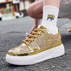 Women's Red Glitter Star Sneakers - Stylish Patent Faux Leather Design with Comfortable White Sole for Casual and Party Wear