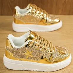 Women's Red Glitter Star Sneakers - Stylish Patent Faux Leather Design with Comfortable White Sole for Casual and Party Wear