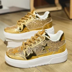 Women's Red Glitter Star Sneakers - Stylish Patent Faux Leather Design with Comfortable White Sole for Casual and Party Wear