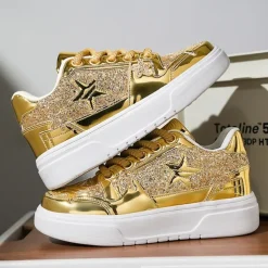 Women's Red Glitter Star Sneakers - Stylish Patent Faux Leather Design with Comfortable White Sole for Casual and Party Wear