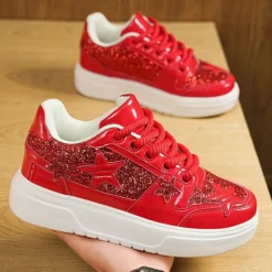 Women's Red Glitter Star Sneakers - Stylish Patent Faux Leather Design with Comfortable White Sole for Casual and Party Wear