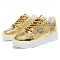 Women's Red Glitter Star Sneakers - Stylish Patent Faux Leather Design with Comfortable White Sole for Casual and Party Wear