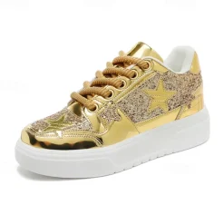 Women's Red Glitter Star Sneakers - Stylish Patent Faux Leather Design with Comfortable White Sole for Casual and Party Wear