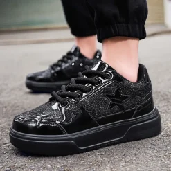 Women's Red Glitter Star Sneakers - Stylish Patent Faux Leather Design with Comfortable White Sole for Casual and Party Wear