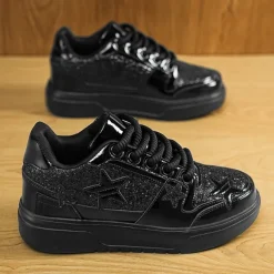 Women's Red Glitter Star Sneakers - Stylish Patent Faux Leather Design with Comfortable White Sole for Casual and Party Wear