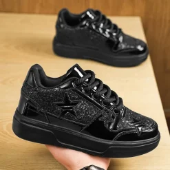 Women's Red Glitter Star Sneakers - Stylish Patent Faux Leather Design with Comfortable White Sole for Casual and Party Wear