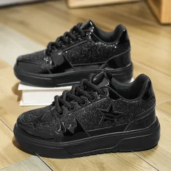 Women's Red Glitter Star Sneakers - Stylish Patent Faux Leather Design with Comfortable White Sole for Casual and Party Wear