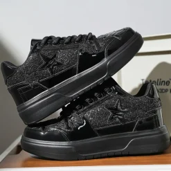 Women's Red Glitter Star Sneakers - Stylish Patent Faux Leather Design with Comfortable White Sole for Casual and Party Wear