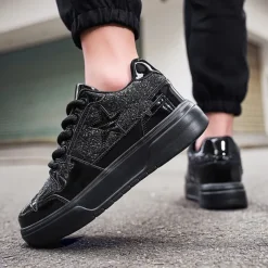 Women's Red Glitter Star Sneakers - Stylish Patent Faux Leather Design with Comfortable White Sole for Casual and Party Wear