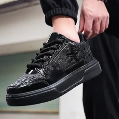 Women's Red Glitter Star Sneakers - Stylish Patent Faux Leather Design with Comfortable White Sole for Casual and Party Wear