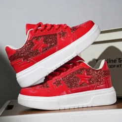 Women's Red Glitter Star Sneakers - Stylish Patent Faux Leather Design with Comfortable White Sole for Casual and Party Wear