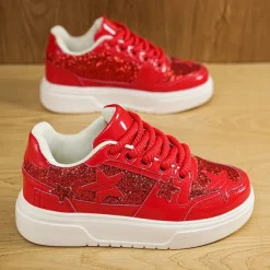 Women's Red Glitter Star Sneakers - Stylish Patent Faux Leather Design with Comfortable White Sole for Casual and Party Wear