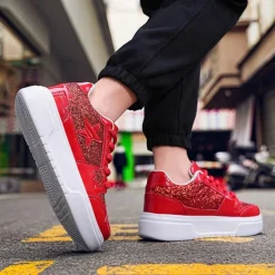 Women's Red Glitter Star Sneakers - Stylish Patent Faux Leather Design with Comfortable White Sole for Casual and Party Wear