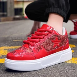 Women's Red Glitter Star Sneakers - Stylish Patent Faux Leather Design with Comfortable White Sole for Casual and Party Wear