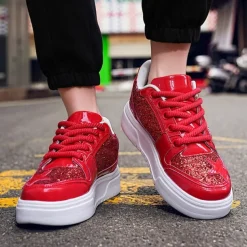 Women's Red Glitter Star Sneakers - Stylish Patent Faux Leather Design with Comfortable White Sole for Casual and Party Wear