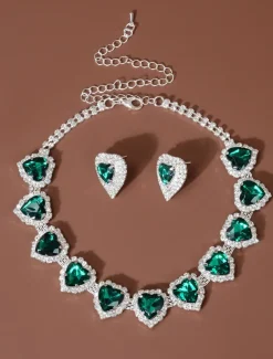 Women's Red Heart Crystal Necklace and Earrings Set - Elegant Silver-Plated Jewelry for Weddings, Parties, and Formal Events