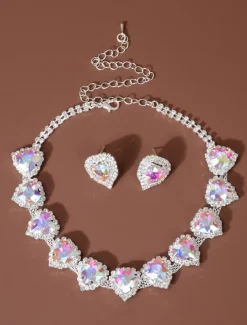 Women's Red Heart Crystal Necklace and Earrings Set - Elegant Silver-Plated Jewelry for Weddings, Parties, and Formal Events