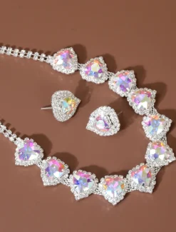 Women's Red Heart Crystal Necklace and Earrings Set - Elegant Silver-Plated Jewelry for Weddings, Parties, and Formal Events