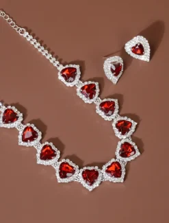 Women's Red Heart Crystal Necklace and Earrings Set - Elegant Silver-Plated Jewelry for Weddings, Parties, and Formal Events