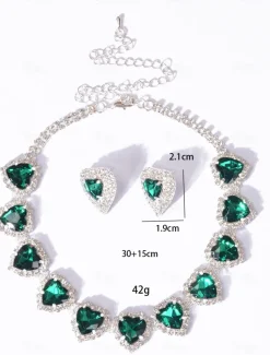 Women's Red Heart Crystal Necklace and Earrings Set - Elegant Silver-Plated Jewelry for Weddings, Parties, and Formal Events