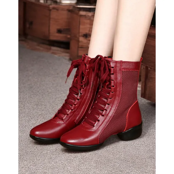 Women's Red Lace-Up Dance Boots with Mesh Panels and Low Heel, Ideal for Jazz, Ballroom, and Latin Dance Performances