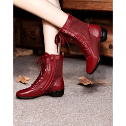 Women's Red Lace-Up Dance Boots with Mesh Panels and Low Heel, Ideal for Jazz, Ballroom, and Latin Dance Performances