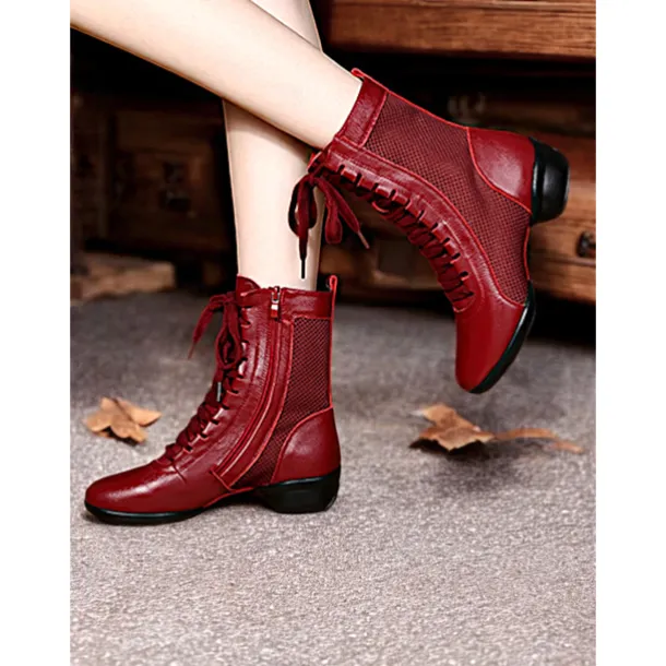 Women's Red Lace-Up Dance Boots with Mesh Panels and Low Heel, Ideal for Jazz, Ballroom, and Latin Dance Performances