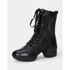 Women's Red Lace-Up Dance Boots with Mesh Panels and Low Heel, Ideal for Jazz, Ballroom, and Latin Dance Performances