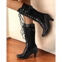 Women's Red Lace-Up Victorian Boots with Bow and Floral Embroidery, Vintage Style Heels for Cosplay and Special Occasions