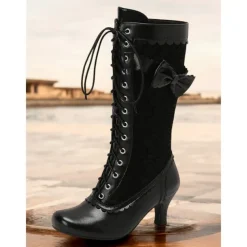 Women's Red Lace-Up Victorian Boots with Bow and Floral Embroidery, Vintage Style Heels for Cosplay and Special Occasions