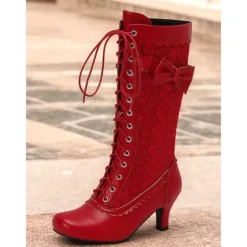 Women's Red Lace-Up Victorian Boots with Bow and Floral Embroidery, Vintage Style Heels for Cosplay and Special Occasions