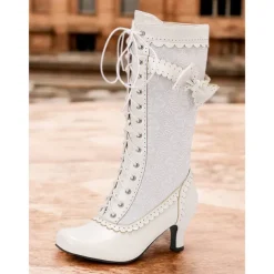 Women's Red Lace-Up Victorian Boots with Bow and Floral Embroidery, Vintage Style Heels for Cosplay and Special Occasions