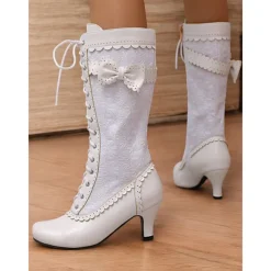 Women's Red Lace-Up Victorian Boots with Bow and Floral Embroidery, Vintage Style Heels for Cosplay and Special Occasions